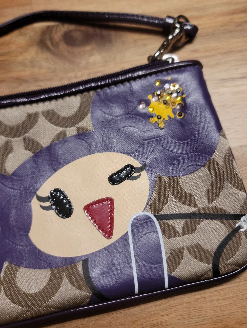 Coach Purple Floral Character Zip Wristlet